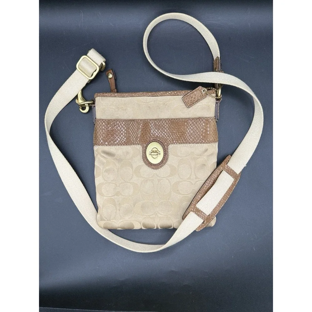 COACH Peyton Signature Khaki Canvas Snakeskin Python Turnlock Swing Pack Bag